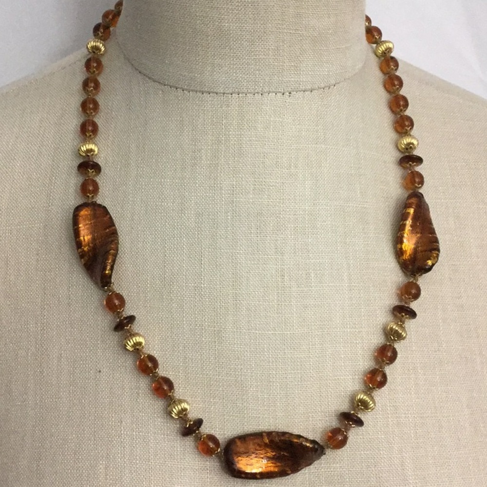 Glass & Resin Bead Necklace 24” Long Amber & Gold